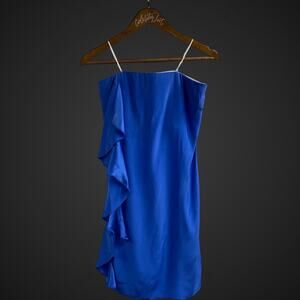 Alice & Trixie Blue Mini Dress 100% Silk Strapless Ruffle Sheath